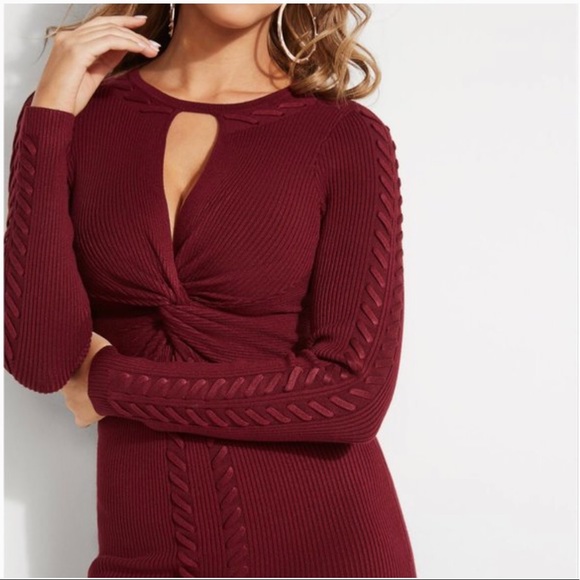 GUESS Women’s Twist Front Ramel Burgundy Sweater Dress - Size XXS, 00 - Picture 3 of 6